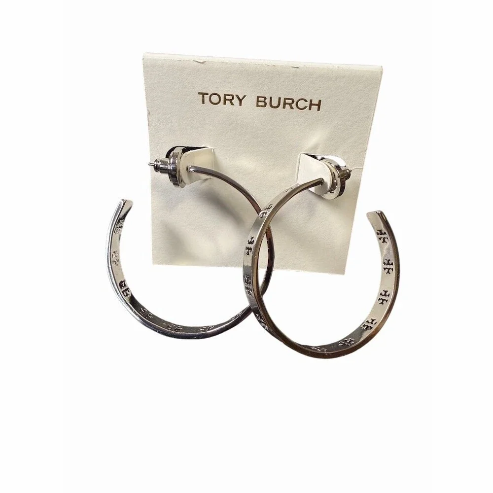 Tory Burch Earrings Silver T Logo Etched Slim Hoop Post Back Designer
